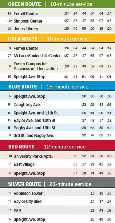 Table listing all shuttle routes and times