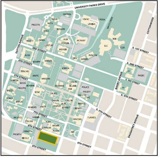Map indicating location of Allen Hall Surface Lot
