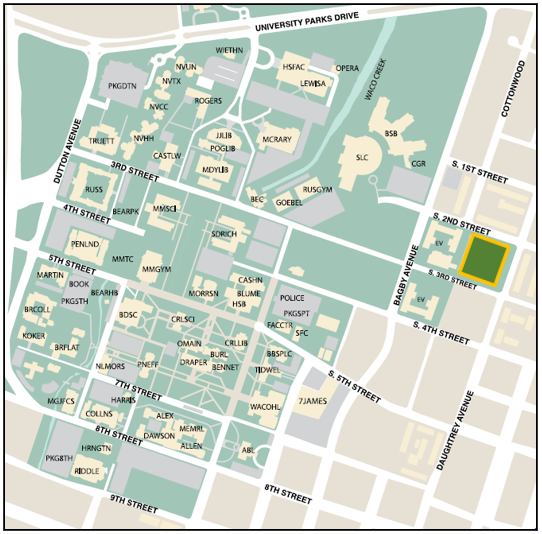 Map indicating location of East Campus Garage